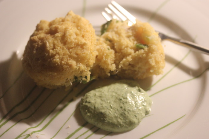 Roasted Poblano and Crab Hush Puppies with Green Goddess Dipping Sauce from The Cast Iron Skillet Cookbook