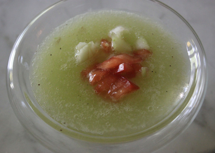 Cold Cucumber Cream with Tomato Salsa from Michele Scicolone’s Italian Vegetable Cookbook