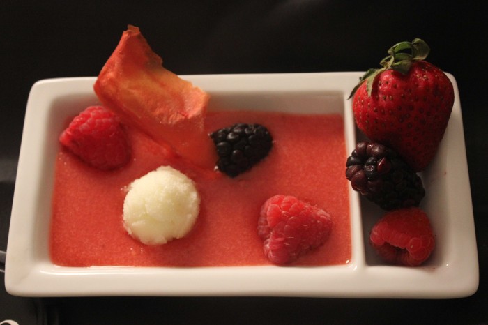 Red Berry and Tomato Gazpacho with Yellow Tomato Sorbet and Tomato Chips