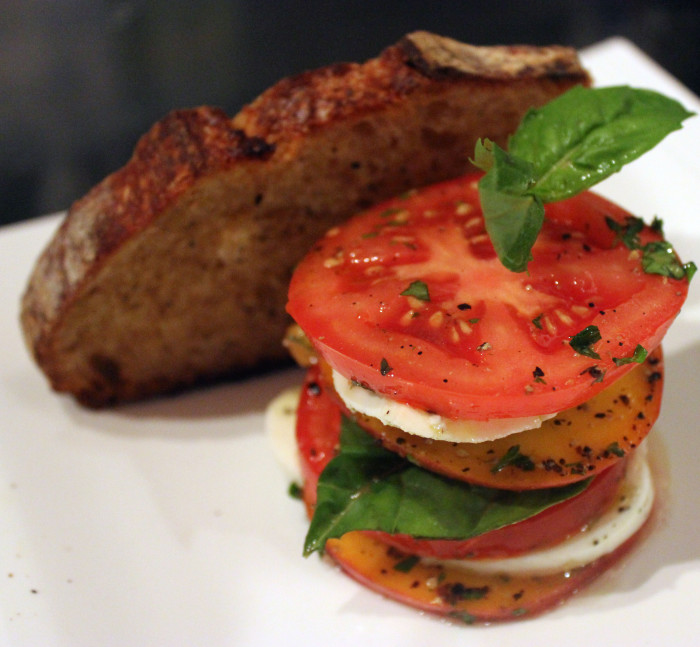 Peach, Tomato and Burrata Salad with Herbed Olive Oil Crostini