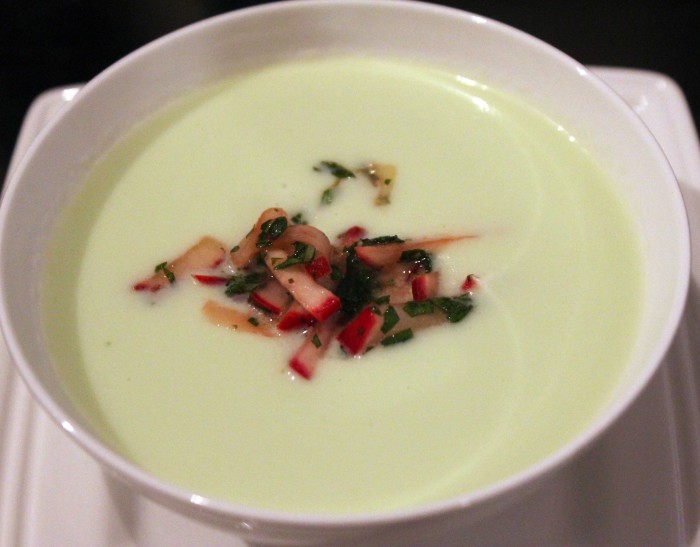 Chilled Cucumber-Melon Soup with Radish-Mint Salsa