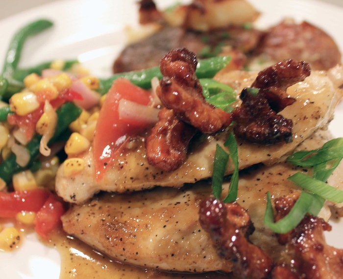 Pan-Seared Lemon Chicken with Ginger Honey Sauce and Ginger Honey Walnuts