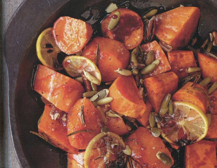 Pomegranate-Ginger Sweet Potatoes with Pecans and Pumpkin Seeds