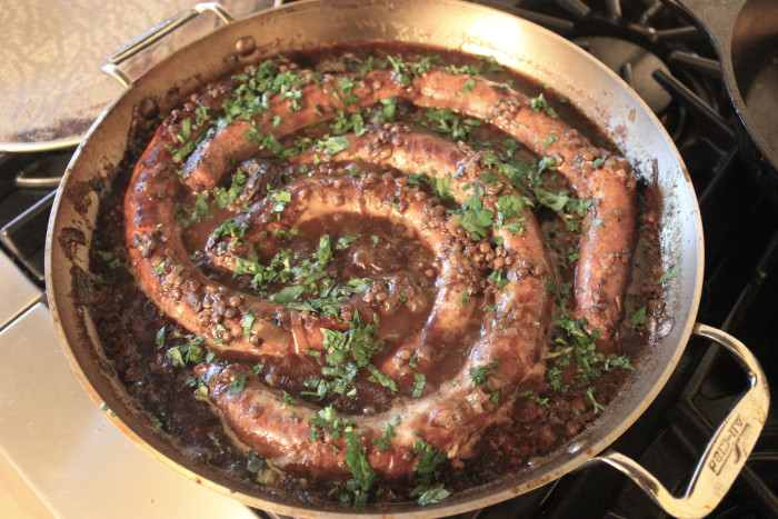 Pork Sausages with Prunes, Guinness, and Lentils from Lidgate’s