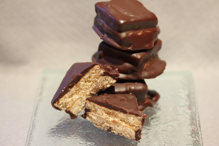 Chocolate Covered Sandwich Cookies with Dolce de Leche