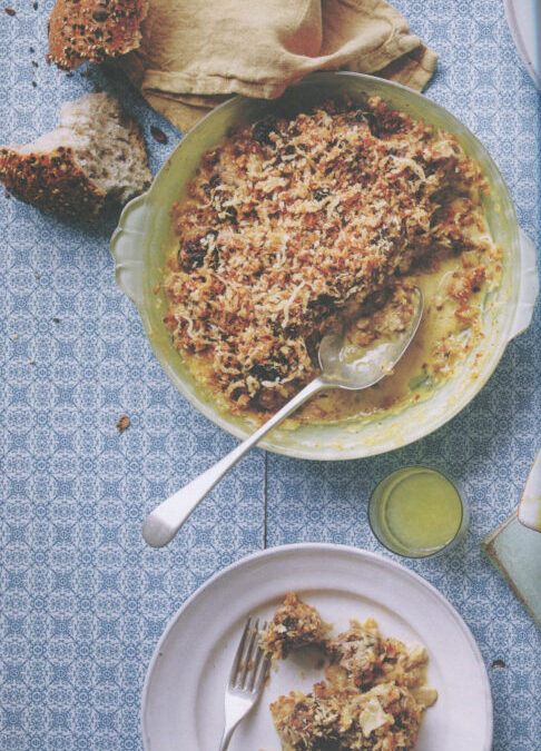 Pork and Prune Meatballs with Mushroom Gravy and Parmesan Crumble