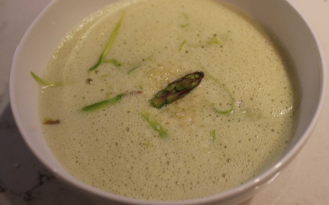 White Asparagus Soup with Shaved Asparagus & Pecorino from Magic Soup by Nicole Pisani and Kate Adams