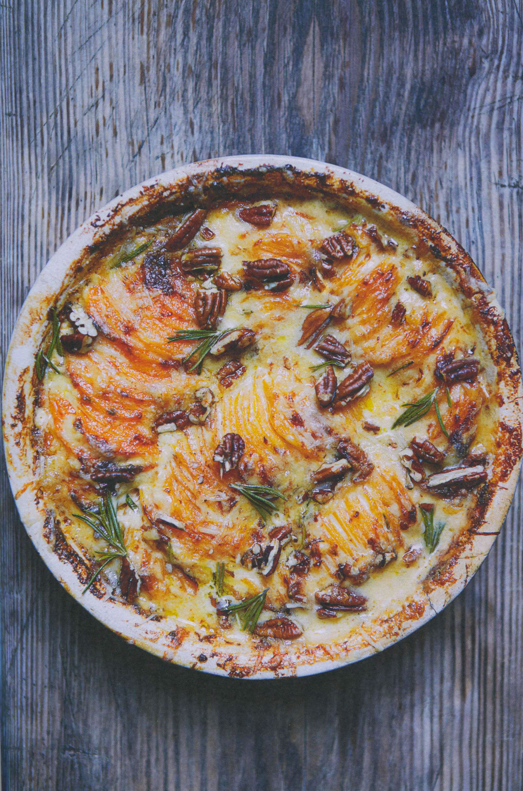 Sweet Potato, Gruyere, And Pecan Gratin - Cooking By The Book