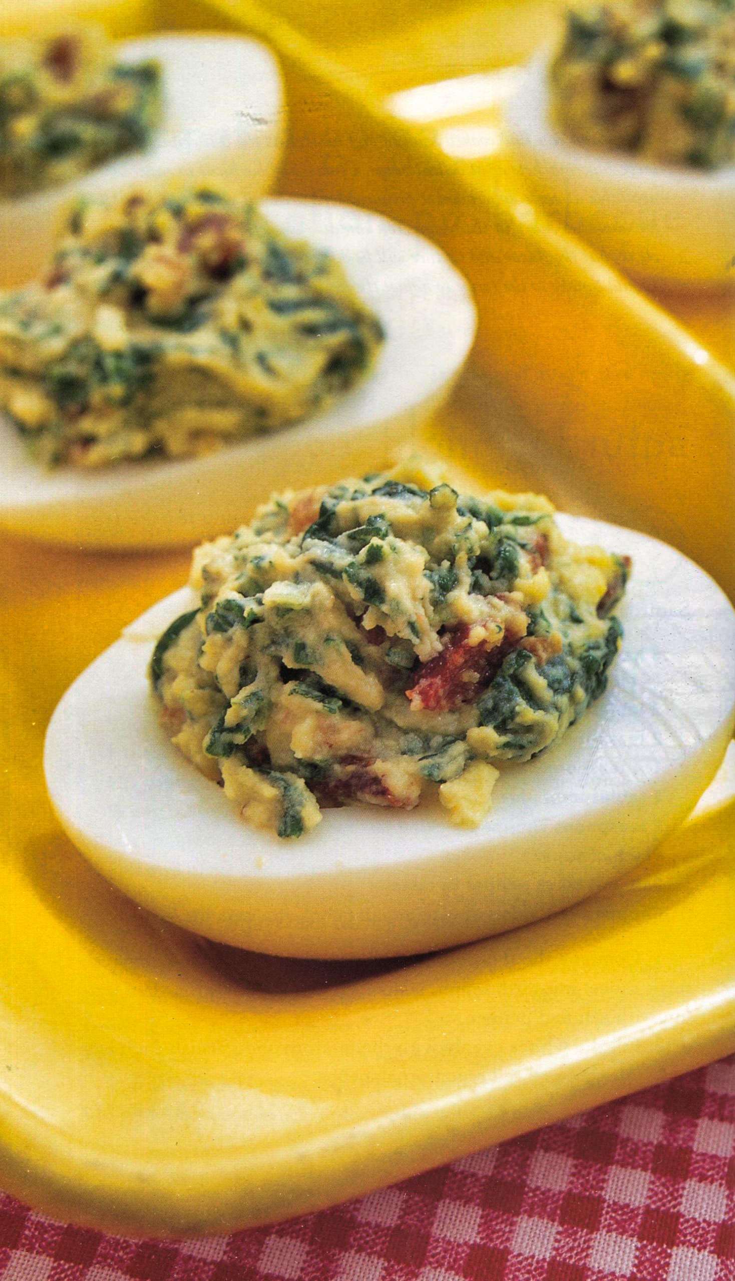 Spinach-Bacon Deviled Eggs from Debbie Moose - Cooking by the Book