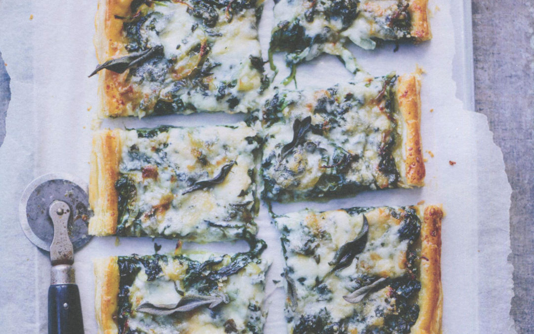 Smoked Onion Tart with Spinach, Blue Cheese, and Sage