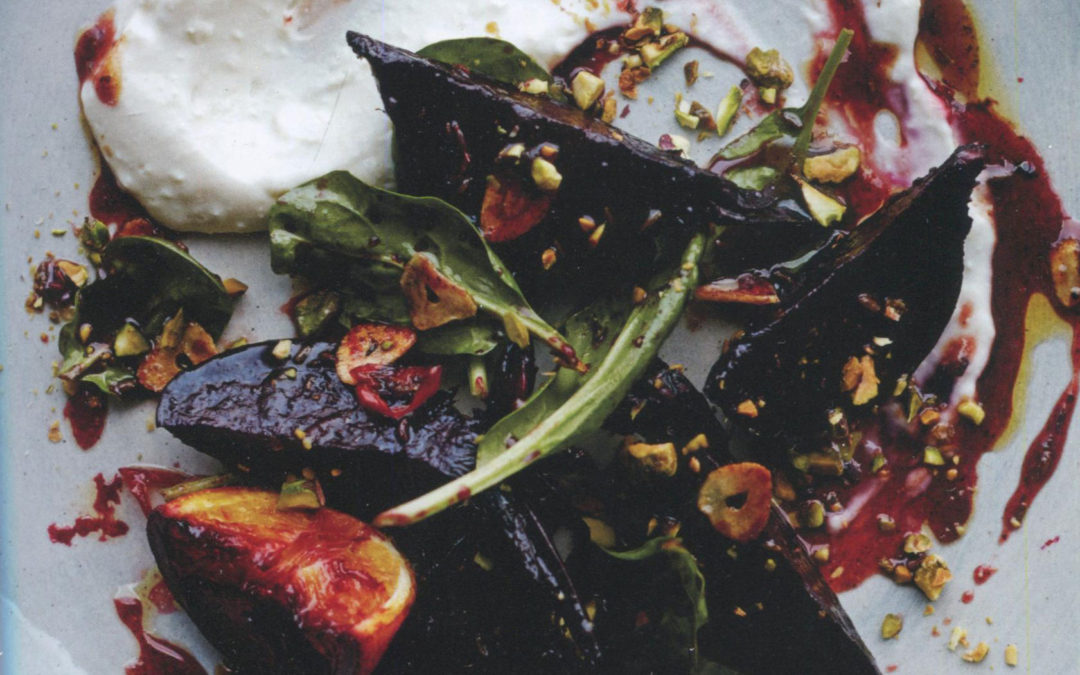 Tamarind-Glazed Beetroot with Baby Spinach, Salted Pistachios and Soya Labneh
