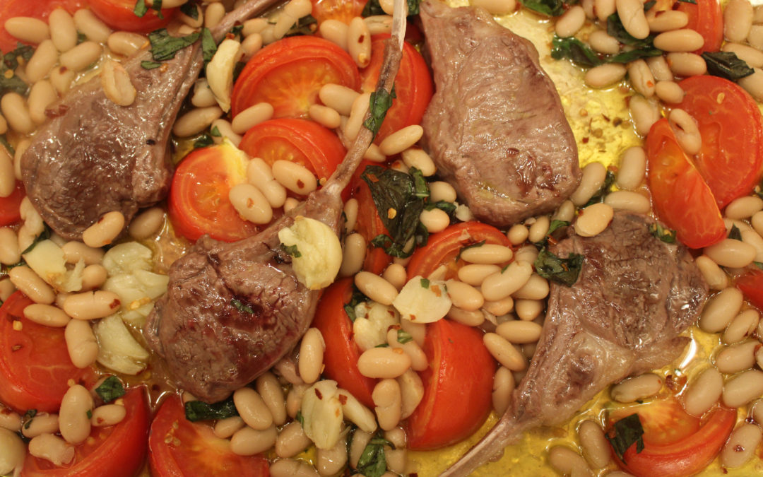 Marinated Lamb Chops with Garlicky Tomatoes and White Beans from Sheet Pan Cooking
