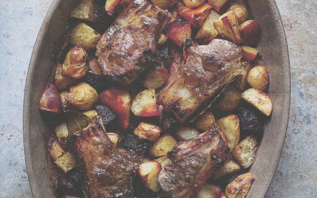 Rhubarb and Ginger Jam Lamb Chops with Roasted Potatoes and Beets from Comfort by John Whaite