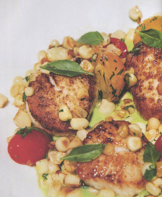 Scallops with Corn, Tomatoes and Pepper Sauce from The New Spanish