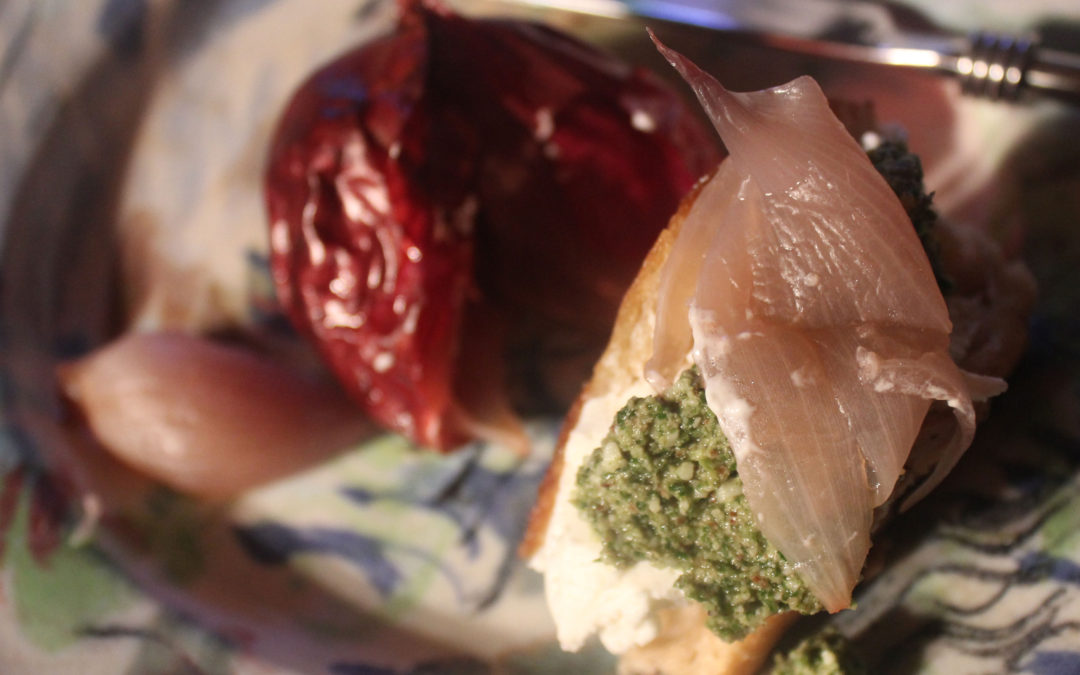 Whole Roasted Onions with Goat Cheese and Pesto