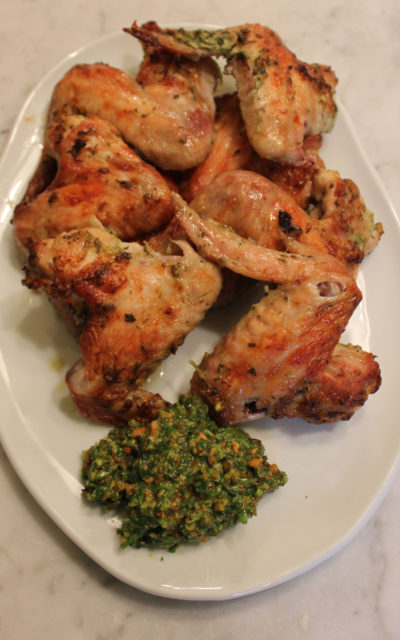 Garlic Chicken Wings with Cilantro and Pistachio Pesto