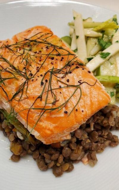 Lemon Herb Crust Salmon with Warm Lentil Pilaf and with Celery Root and Apple Slaw